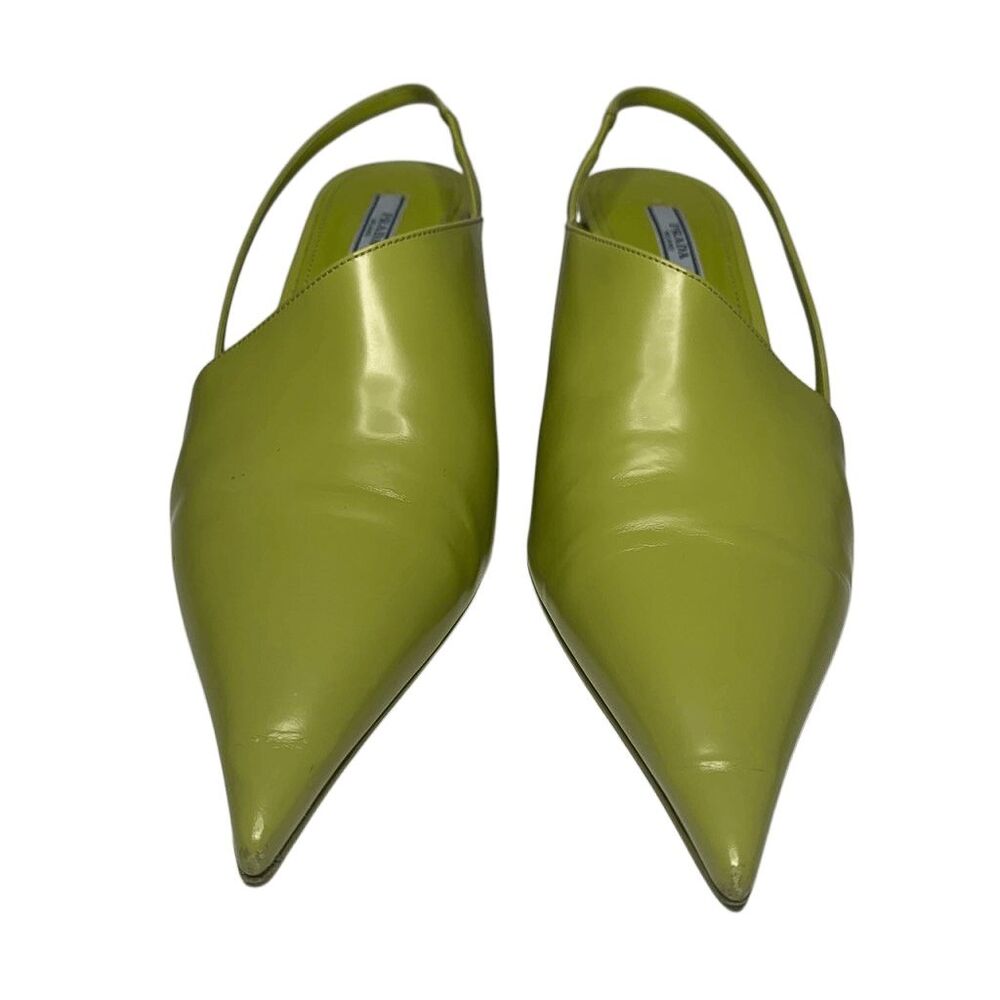 Prada Brushed Leather Pointed Toe Triangle Logo Wedge Pumps EU 40 US 10 Green - Picture 2 of 12